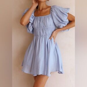 Puffed Sleeve Summer Dress pre loved size 8 light blue